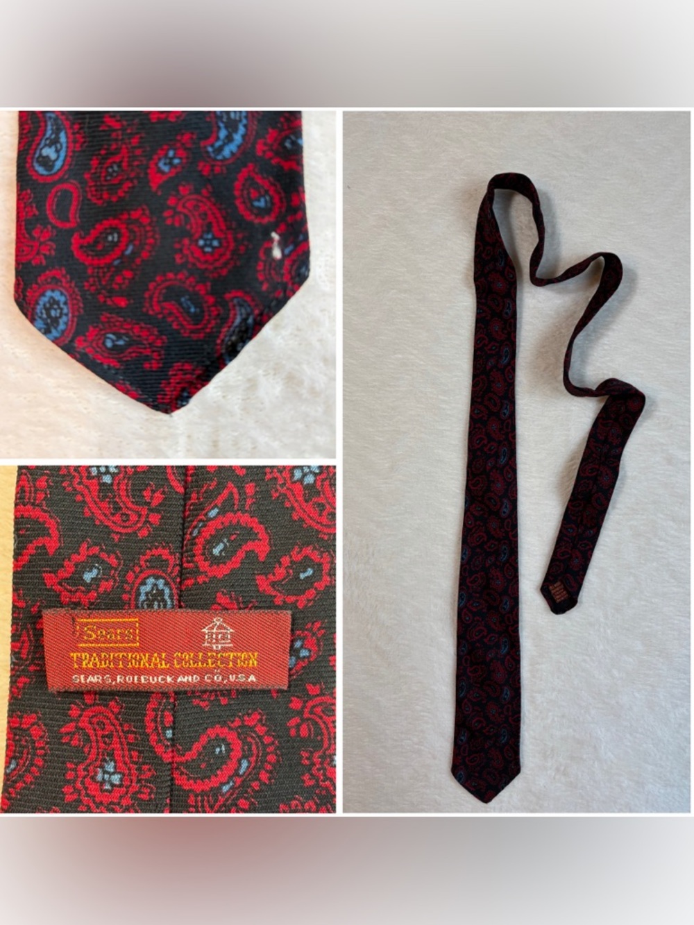 Vintage Sears Traditional Collection Men's Paisley Black Red Blue Wool Woven Tie
